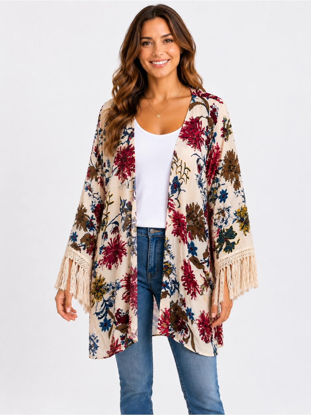 Umgee XL Floral Kimono Cardigan Boho Fringe Sleeve Open Front Duster Cover Up